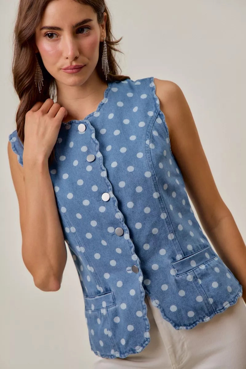 Polka Dot Blue Denim Scallop Edge Button Down Vest Top - Tigbul's Variety Fashion Shop