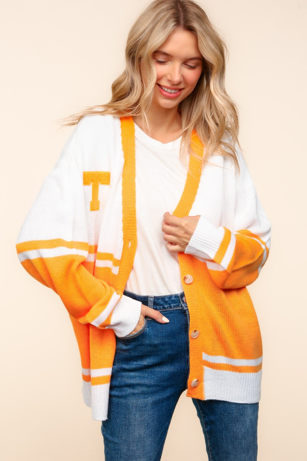 Haptics Full Size V Neck Button Down Letter Patch Cardigan - Tigbul's Variety Fashion Shop