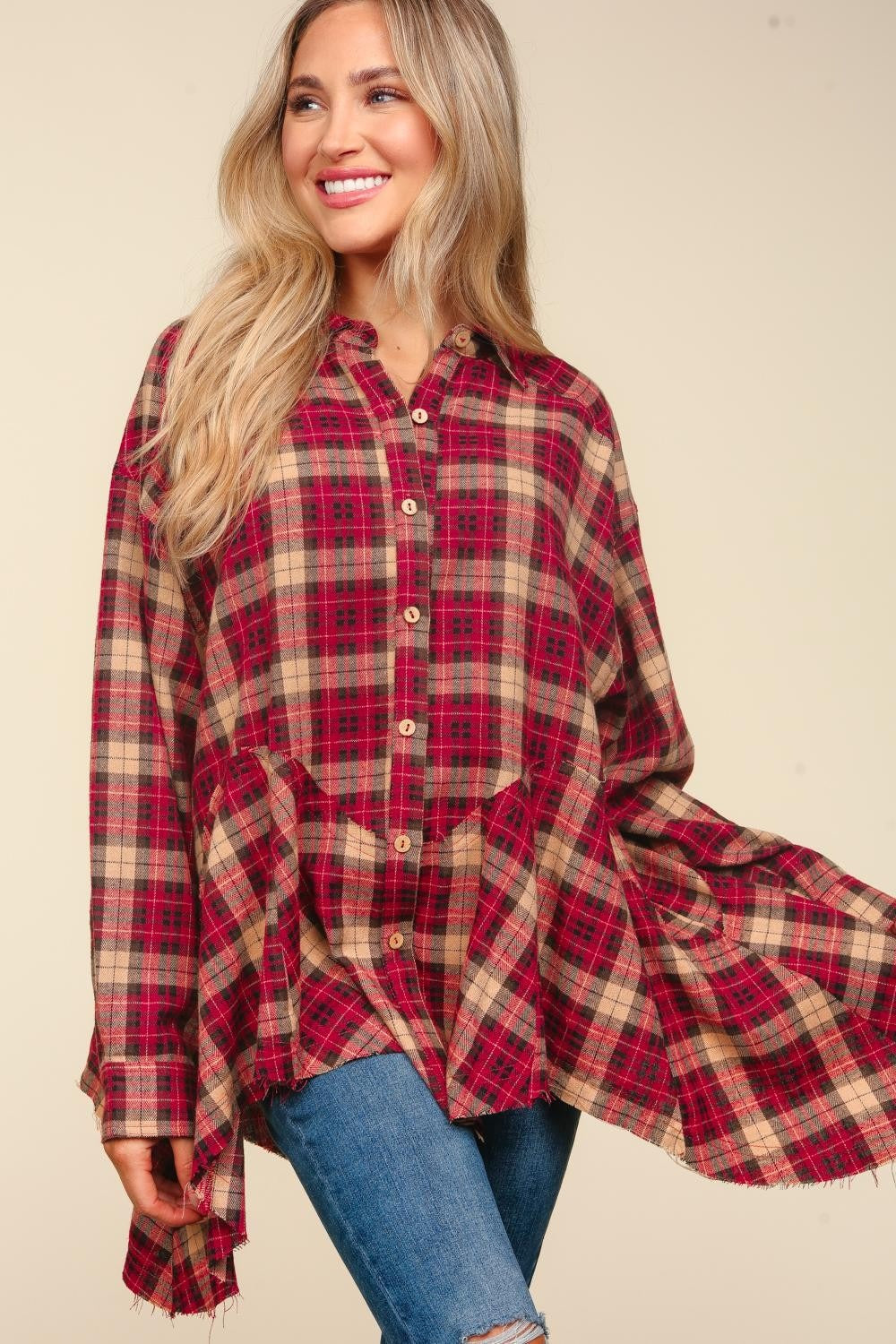 Haptics Plaid Button Down Sharkbite Shirt - Tigbul's Variety Fashion Shop