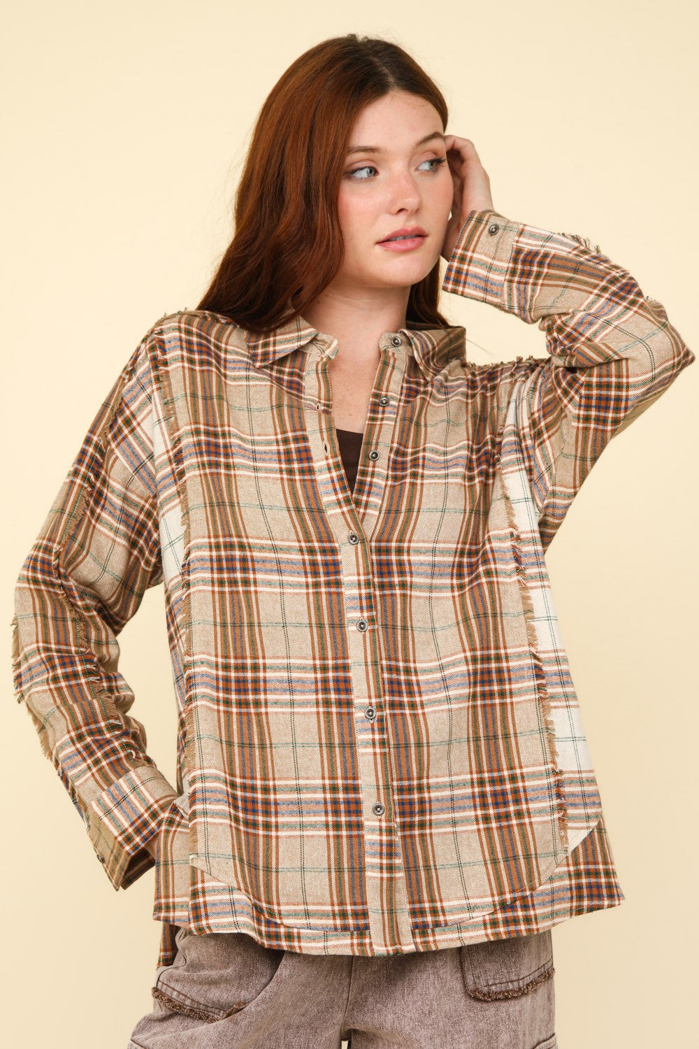 VERY J Contrast Plaid Raw Detail Shirt - Tigbul's Variety Fashion Shop