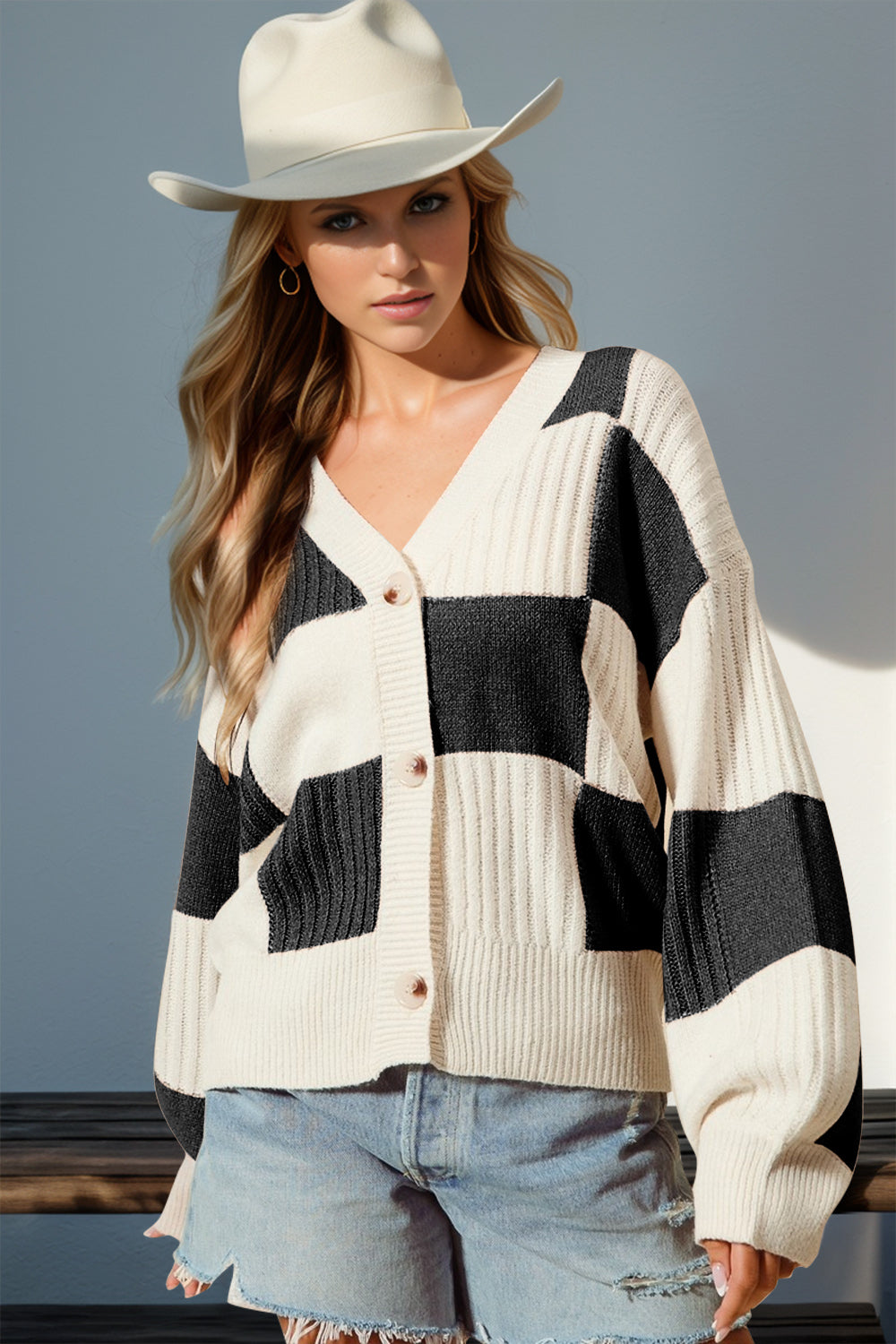 Double Take Full Size Checkered Dropped Shoulder Cardigan - Tigbul's Variety Fashion Shop