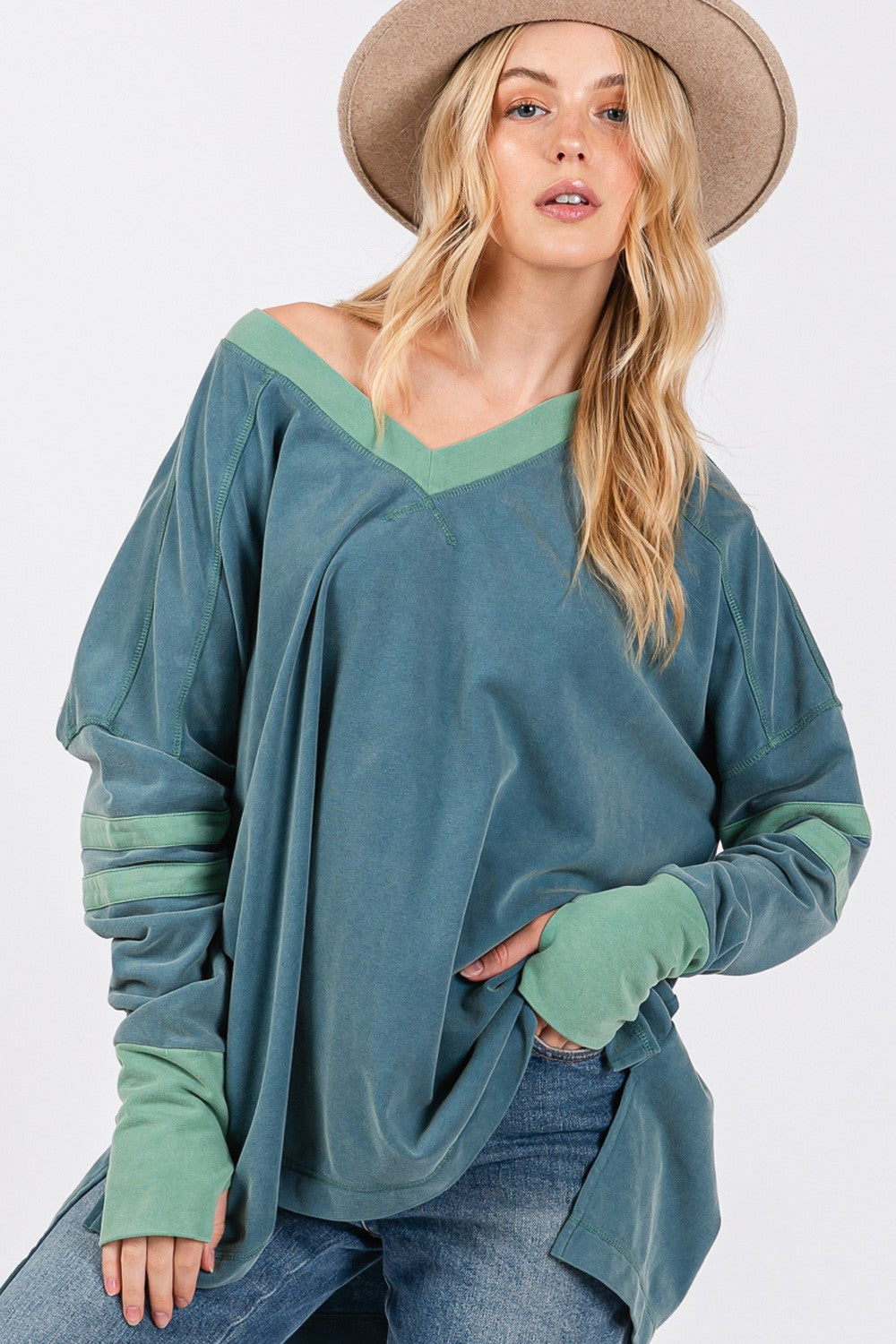 SAGE + FIG Mineral Wash Side Slit Contrast Top - Tigbul's Variety Fashion Shop