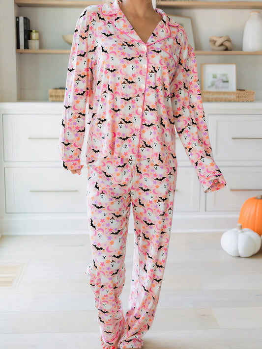 Halloween Ghost Print Button Up Top and Pants Lounge Set - Tigbul's Variety Fashion Shop