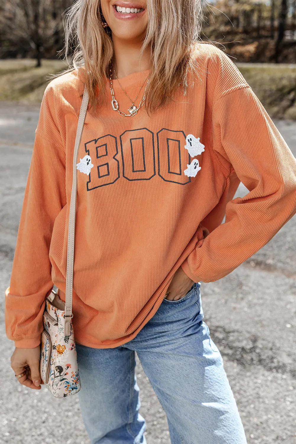 BOO Round Neck Long Sleeve Sweatshirt - Tigbul's Variety Fashion Shop