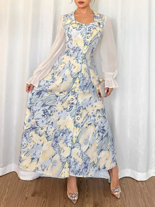 Floral Print Sheer Flounce Sleeves Dress - Tigbul's Variety Fashion Shop