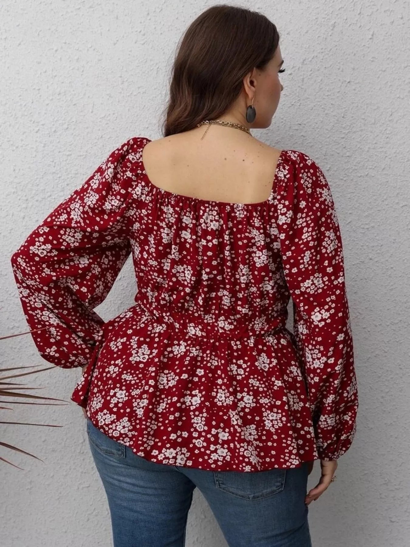 Floral Print Square Neck Long Sleeve Peplum Blouse - Tigbul's Variety Fashion Shop