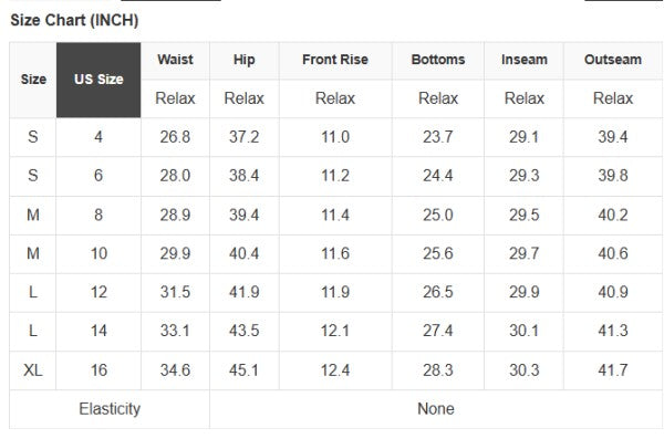 Size chart table with waist, hip, front rise, inseam, and outseam measurements
