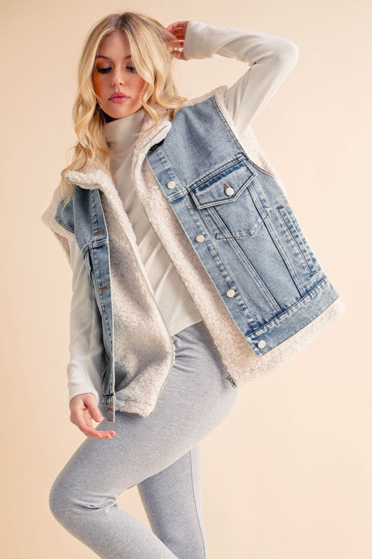 Fake Two Pieces Denim Patch Sherpa Vest Coat | Tigbuls