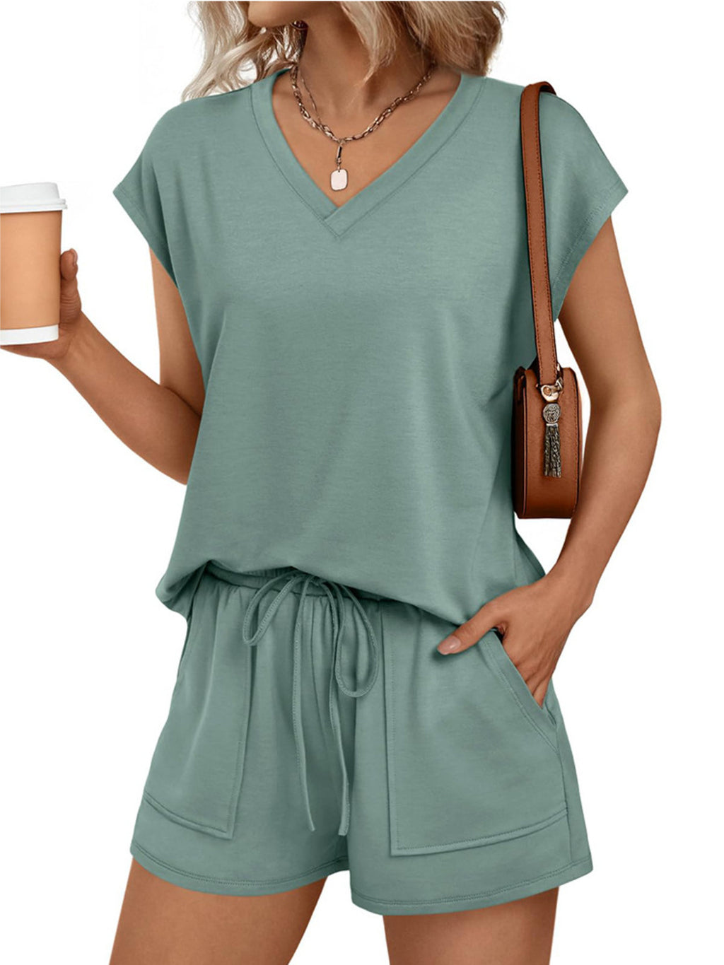 Light green V-neck t-shirt and drawstring shorts set with front pocket detail