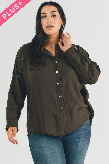 Plus Distressed hem button down oversize shirt - Tigbul's Variety Fashion Shop