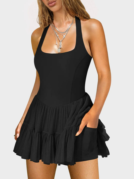 Crisscross Back Square Neck Mini Dress - Tigbul's Variety Fashion Shop