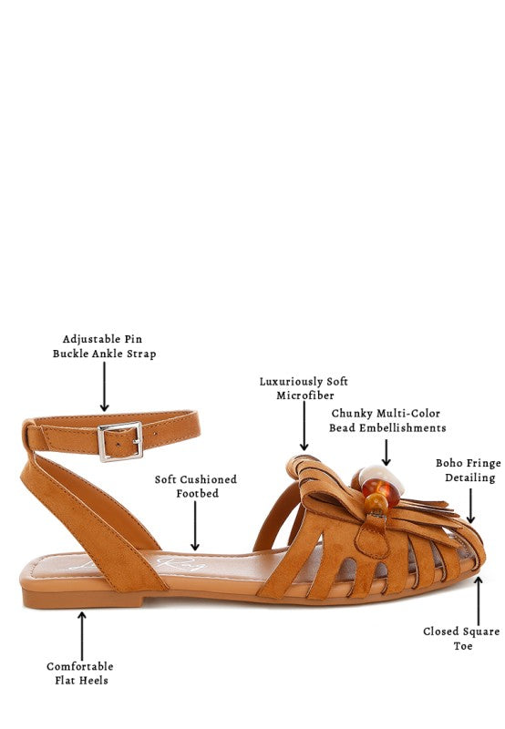 Tan flat sandals infographic: adjustable buckle ankle strap, soft cushioned footbed