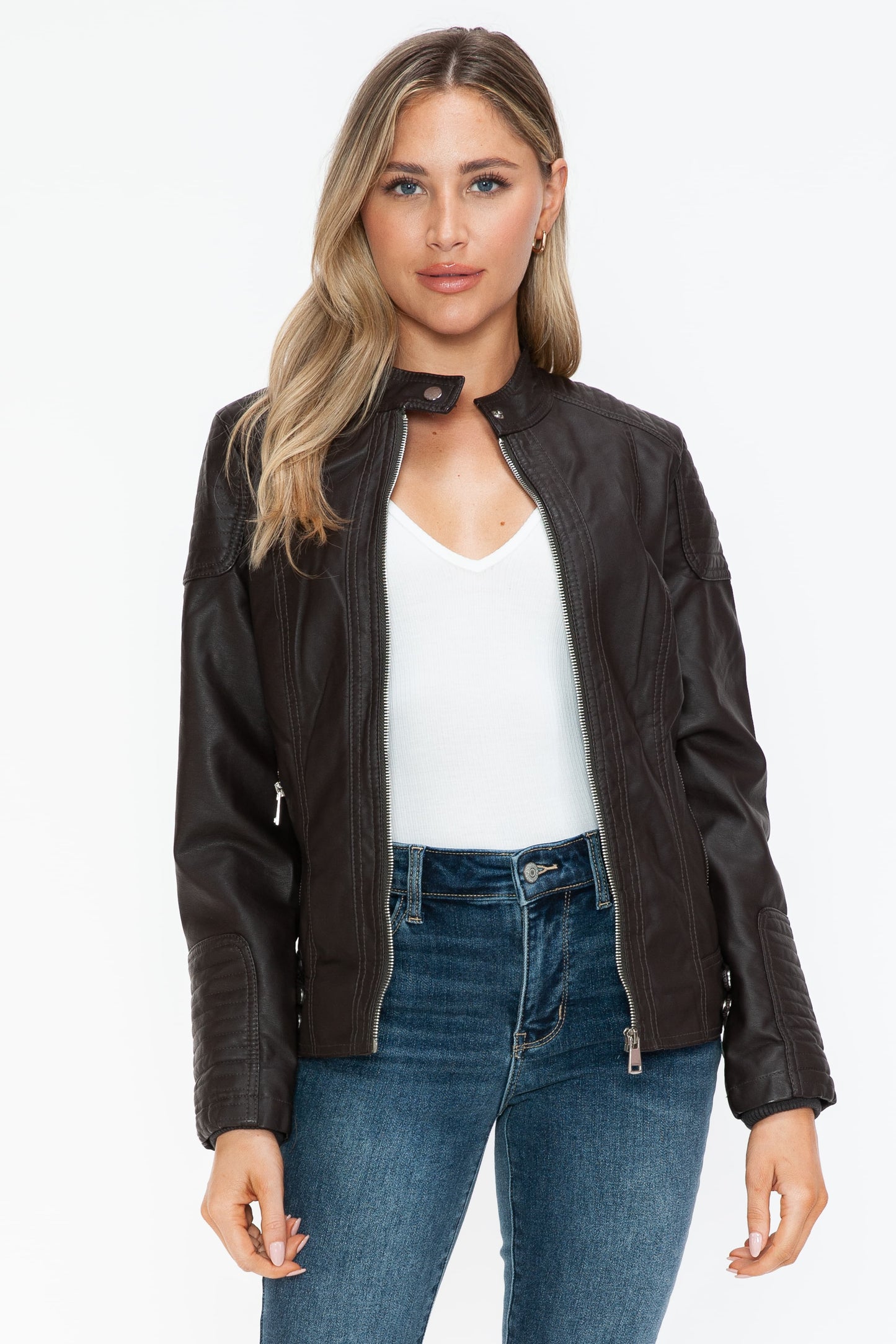 Chocolate Faux Leather Biker Jacket with Side Zip Pockets