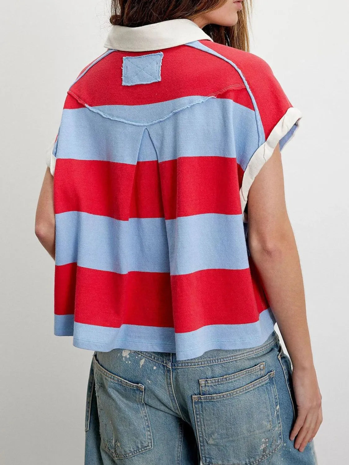 Striped Collared Neck Short Sleeve Top - Tigbul's Variety Fashion Shop