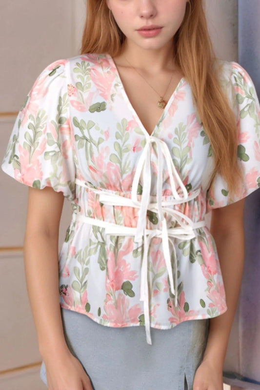 Tied Printed Short Sleeve Blouse - Tigbul's Variety Fashion Shop