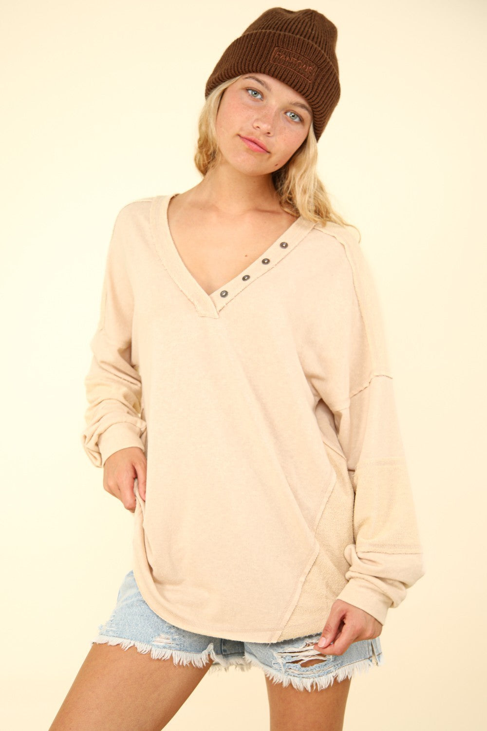 VERY J Washed V-Neck Exposed Seam Knit Top - Tigbul's Variety Fashion Shop