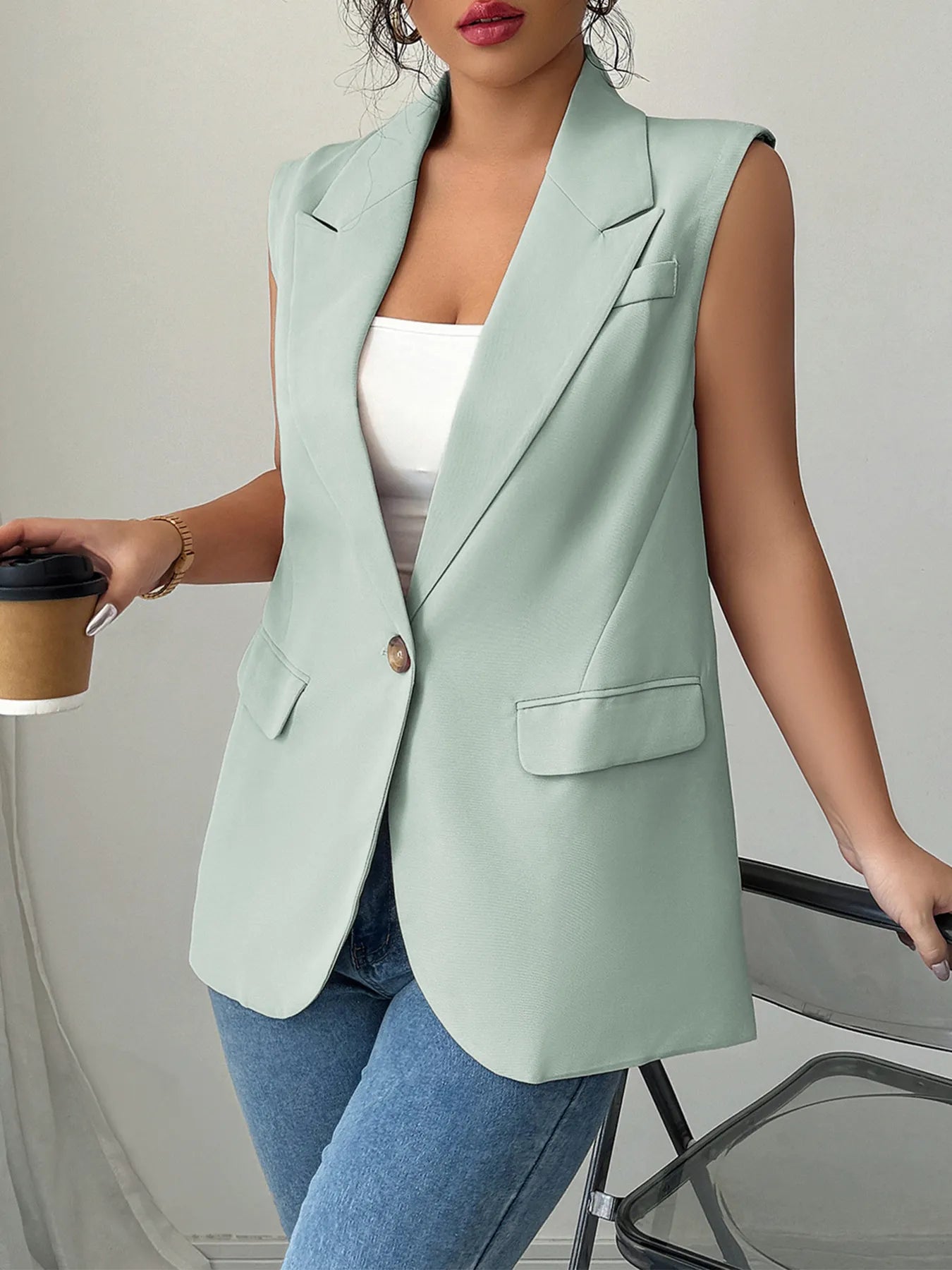 One Button V-Neck Blazer Vest Coat - Tigbul's Variety Fashion Shop