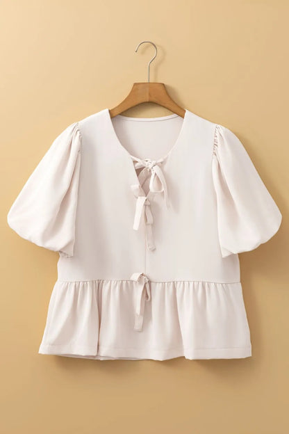 Bow Tie Short Puff Sleeve Ruffle Hem Blouse - Tigbul's Variety Fashion Shop