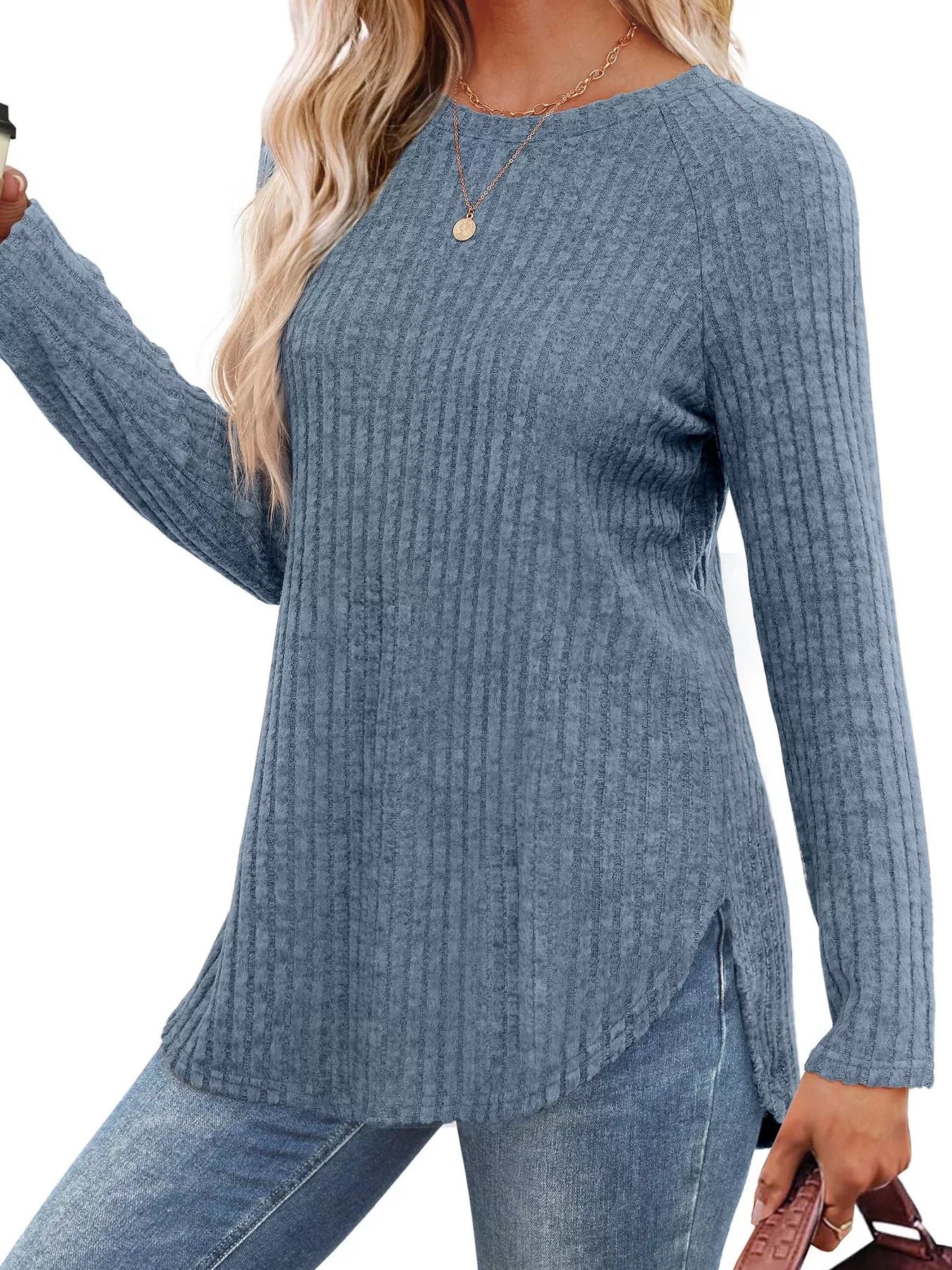 Ribbed Knit Long Sleeve T-Shirt - Tigbul's Variety Fashion Shop