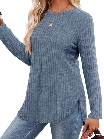 Ribbed Knit Long Sleeve T-Shirt - Tigbul's Variety Fashion Shop
