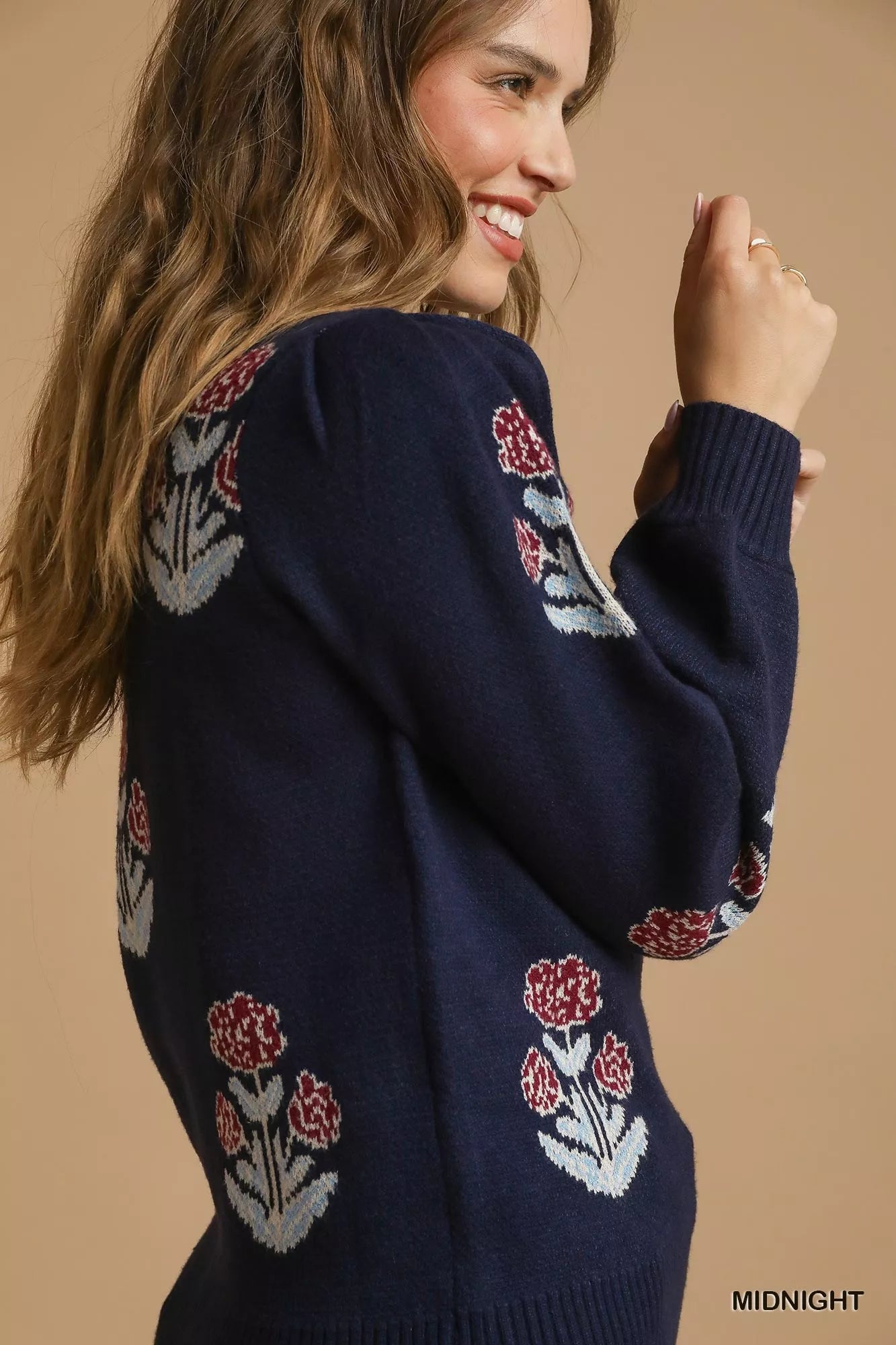 Umgee Floral Knit Sweater with Puff Sleeves - Tigbul's Variety Fashion Shop