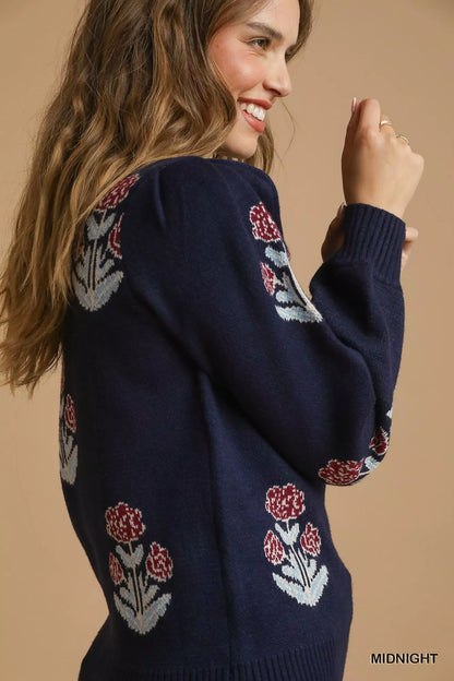 Umgee Floral Knit Sweater with Puff Sleeves - Tigbul's Variety Fashion Shop