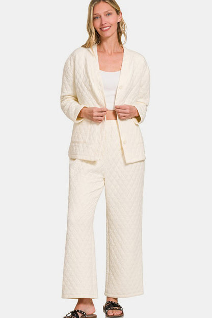 Zenana Quilted Button Up Long Sleeve Top and Pants Lounge Set - Tigbul's Variety Fashion Shop