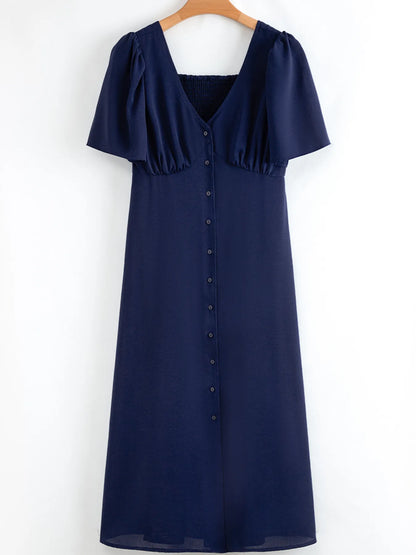V Neck Buttoned Front Shirred Back Short Sleeve Midi Dress - Tigbul's Variety Fashion Shop