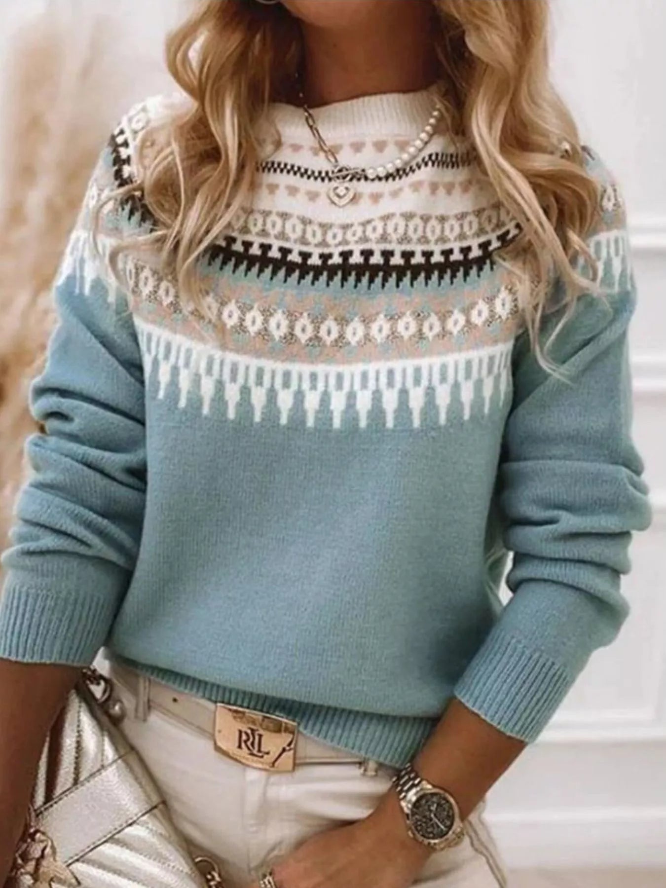 Full Size Vintage Patterned Round Neck Sweater Plus Size - Tigbul's Variety Fashion Shop