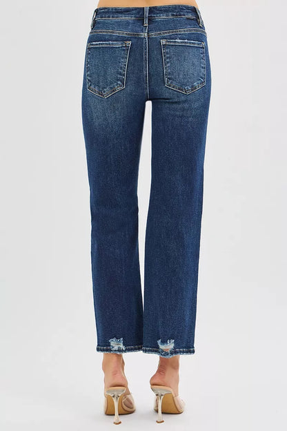High Rise Crop Slim Straight Jenas with Hidden Knee Patch - Tigbul's Variety Fashion Shop