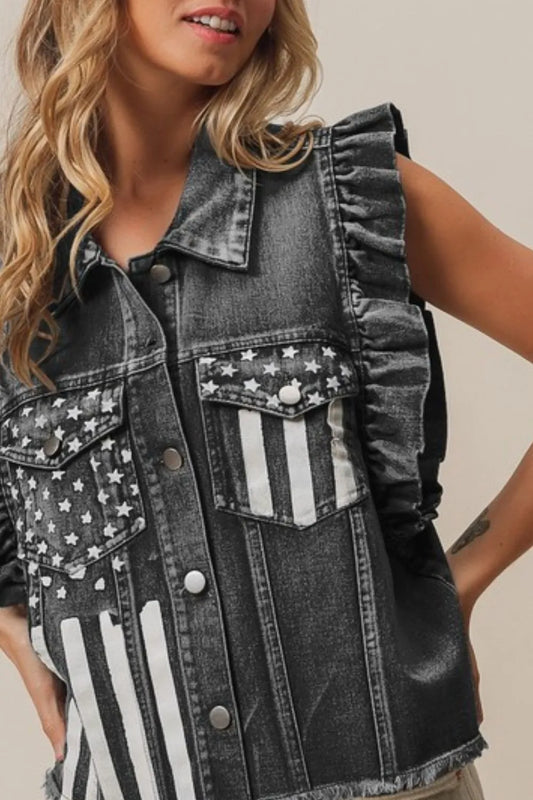 American Flag Washed Denim Jacket - Tigbul's Variety Fashion Shop