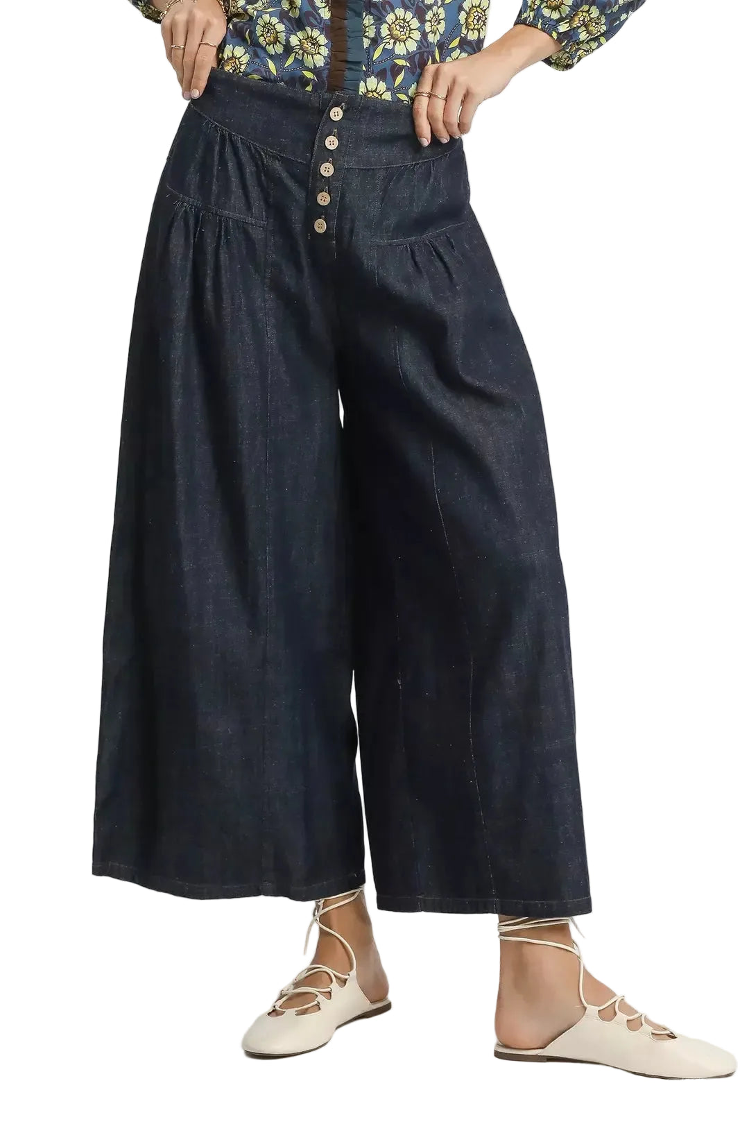 Dark Blue Stone Washed Wide-Leg Button-Front Culottes | Tigbuls