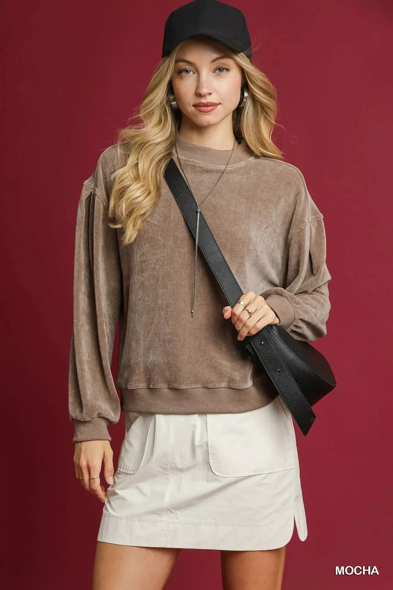 Umgee Velour Crewneck Balloon Sleeve Sweatshirt - Tigbul's Variety Fashion Shop