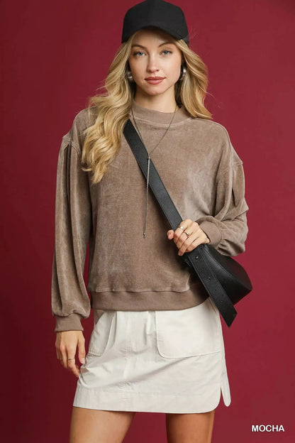 Umgee Velour Crewneck Balloon Sleeve Sweatshirt - Tigbul's Variety Fashion Shop