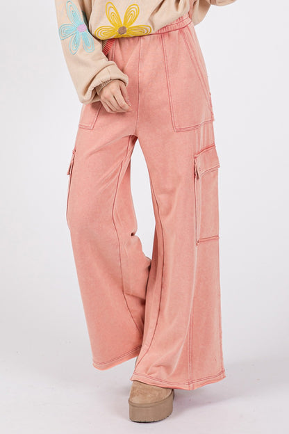 Rose Color Knit Terry Mineral Wash Wide Leg Pants - Tigbul's Variety Fashion Shop