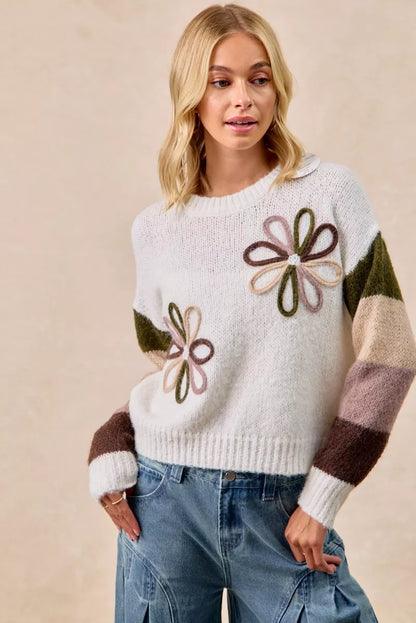 BiBi Flower Color Block Sweater - Tigbul's Variety Fashion Shop
