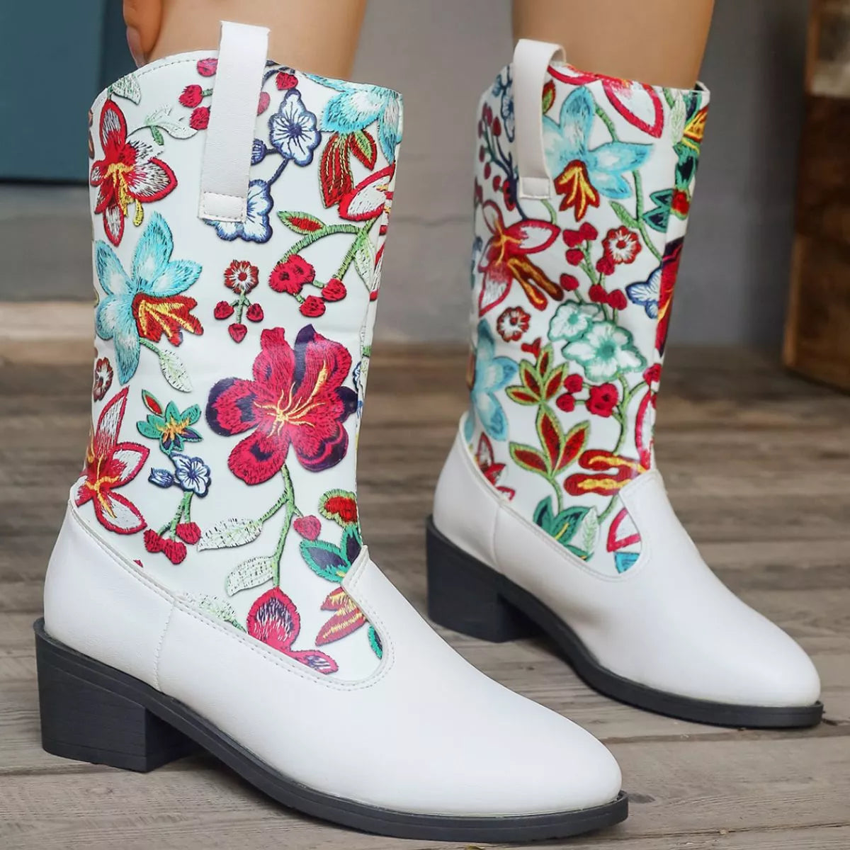 Floral Block Heel Boots - Tigbul's Variety Fashion Shop