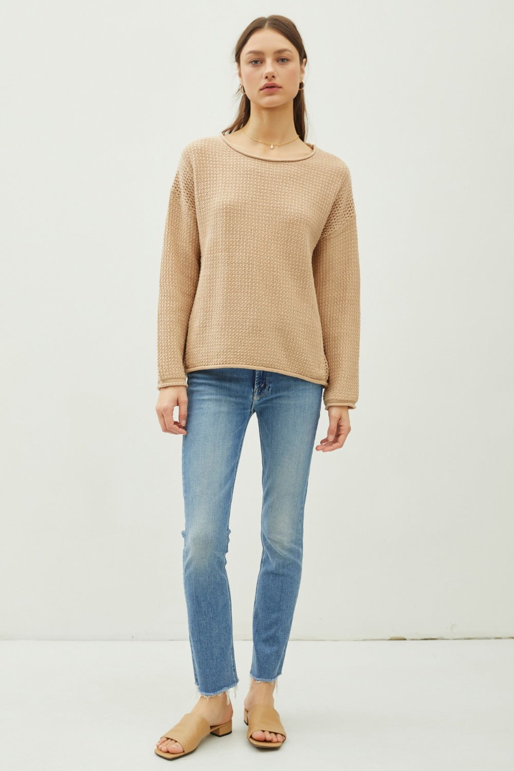 Be Cool Rolled Openwork Round Neck Sweater - Tigbul's Variety Fashion Shop