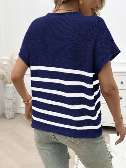 Striped Round Neck Short Sleeve Sweater - Tigbul's Variety Fashion Shop