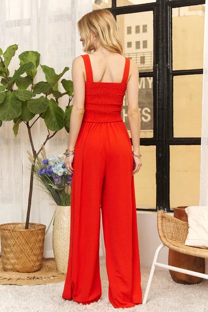 Red Full Size Smocking Top Wide Leg Jumpsuit Plus Size - Tigbul's Variety Fashion Shop
