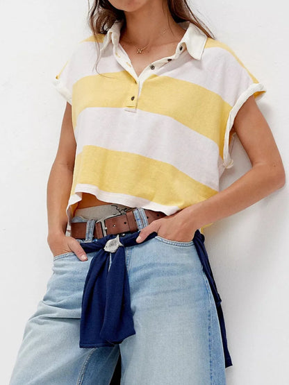 Striped Collared Neck Short Sleeve Top - Tigbul's Variety Fashion Shop