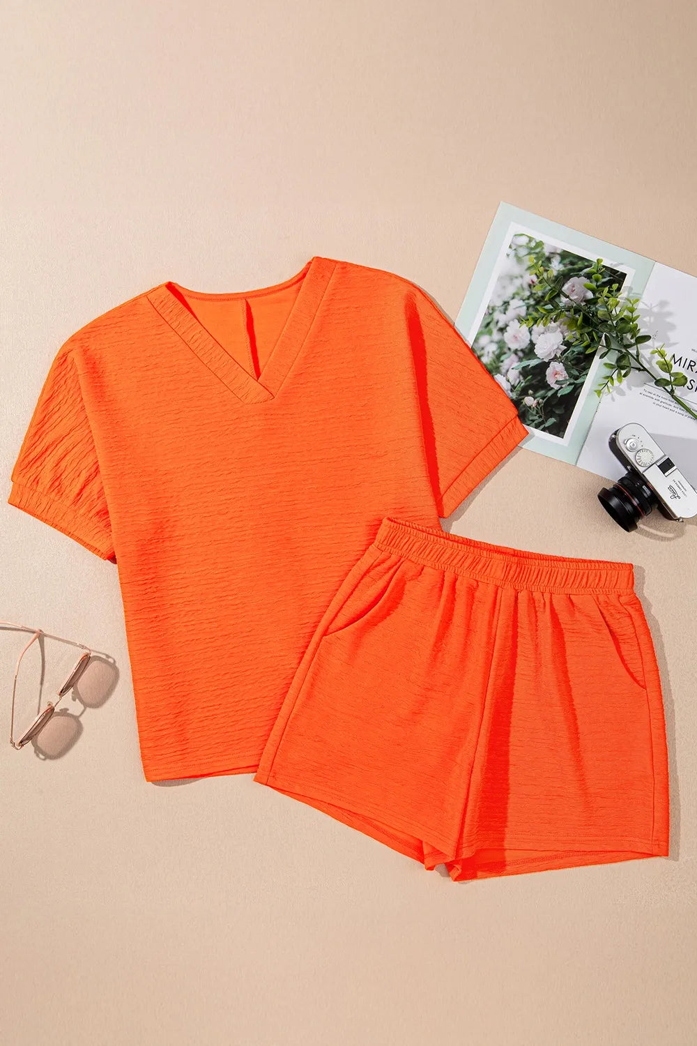 Textured V Neck T Shirt and Shorts Set - Tigbul's Variety Fashion Shop