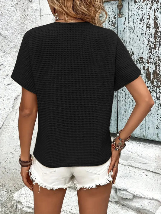 V-Neck Textured Knit T-Shirt - Tigbul's Variety Fashion Shop