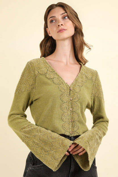 VERY J V-Neck Lace Detail Button Down Crop Ribbed Knit Top - Tigbul's Variety Fashion Shop