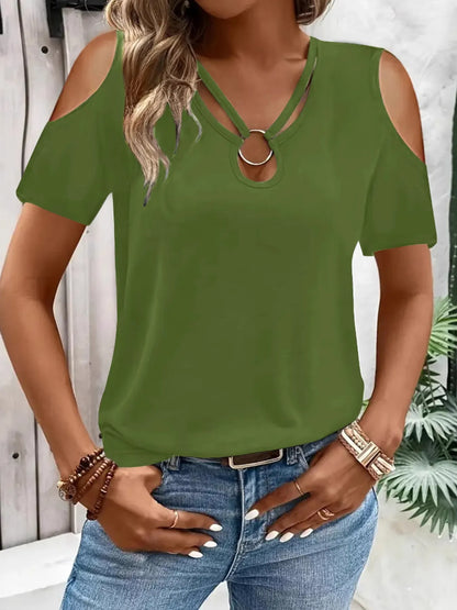 Cold Shoulder T-Shirt with Metal Ring Detail - Tigbul's Variety Fashion Shop