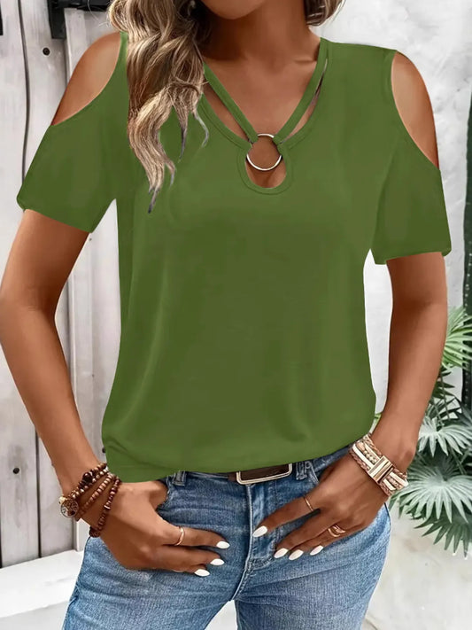 Cold Shoulder T-Shirt with Metal Ring Detail - Tigbul's Variety Fashion Shop