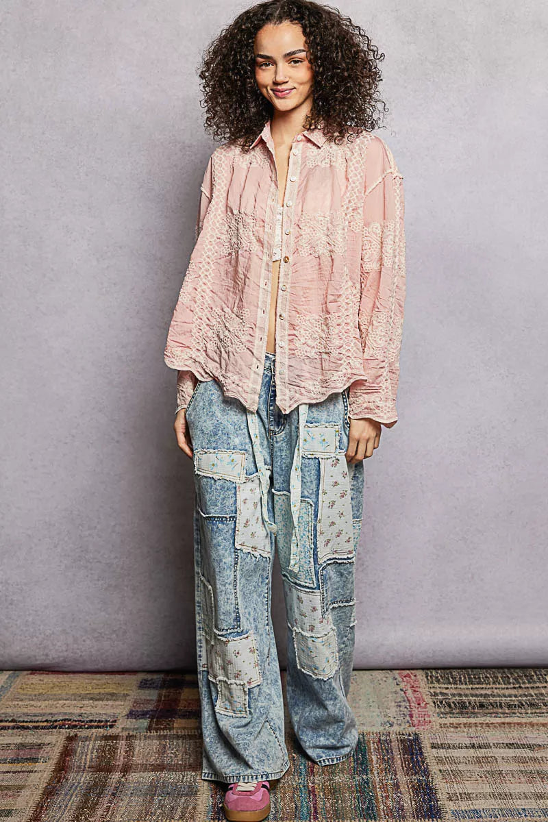 Embroidery Button Down Long Sleeve Shirt - Tigbul's Variety Fashion Shop