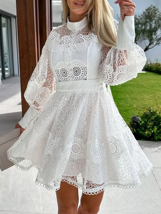 Lace Lantern Sleeve Mini Dress - Tigbul's Variety Fashion Shop