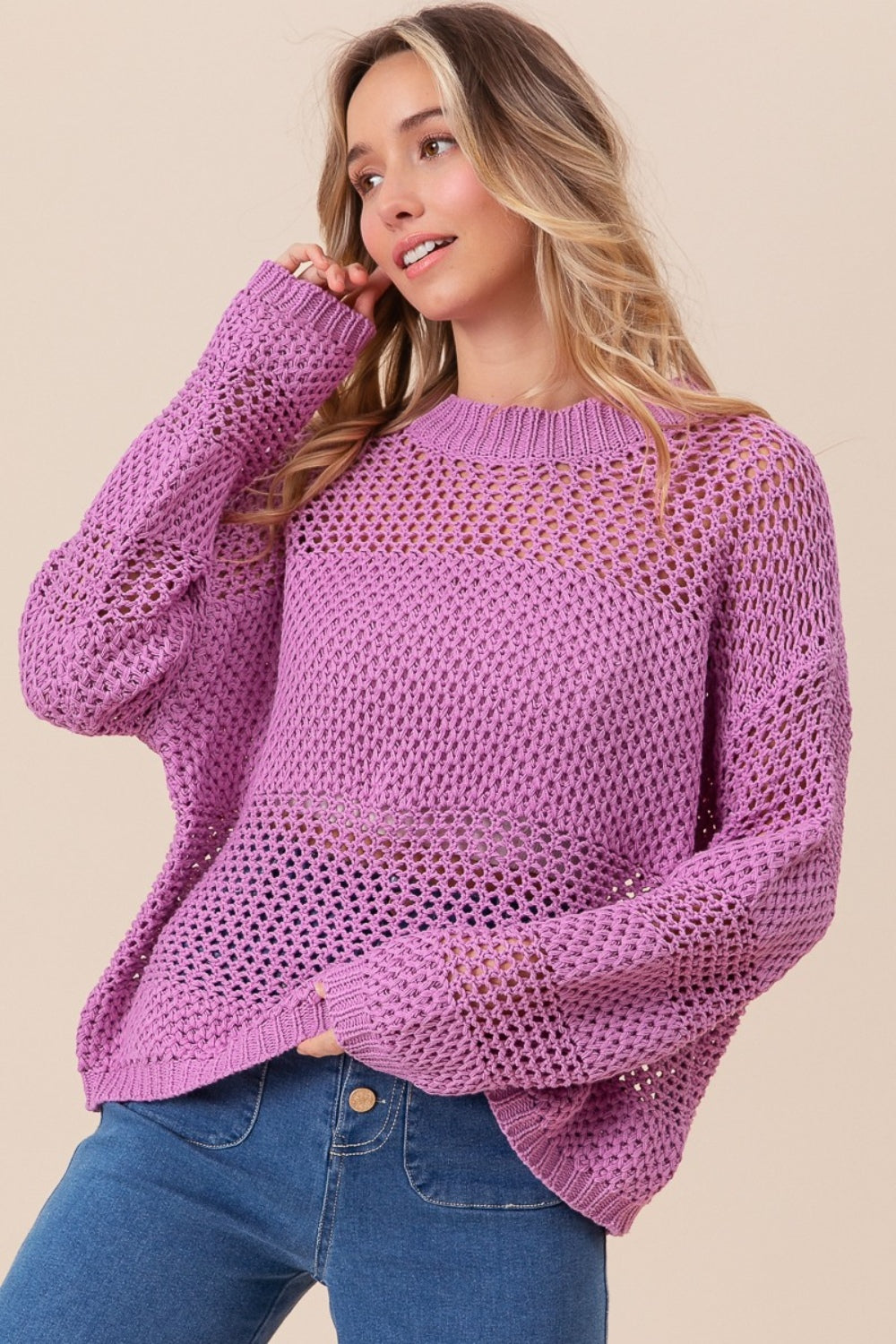 BiBi Openwork Long Sleeve Knit Top - Tigbul's Variety Fashion Shop