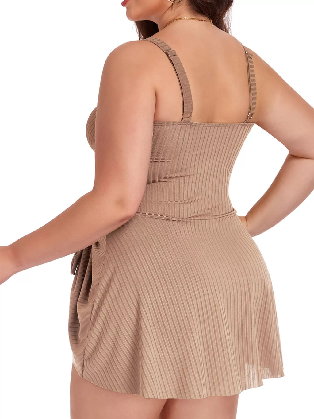 Plus Size ruched one-piece swim dress, back view with crisscross straps and V-skirting